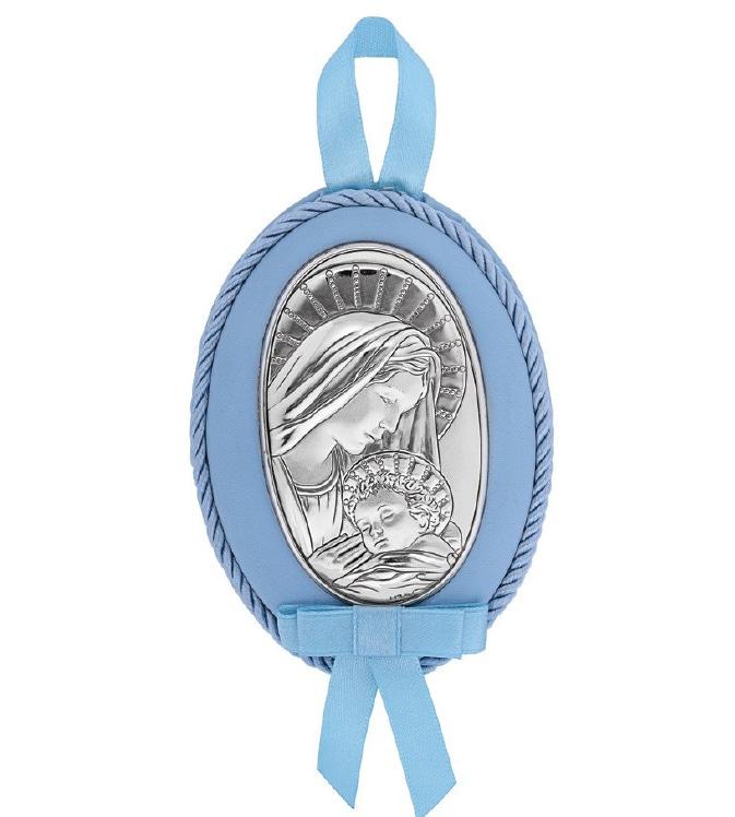 Срібна дитяча іконка Мадонна з Немовлям на синій подушечці 8х11 см