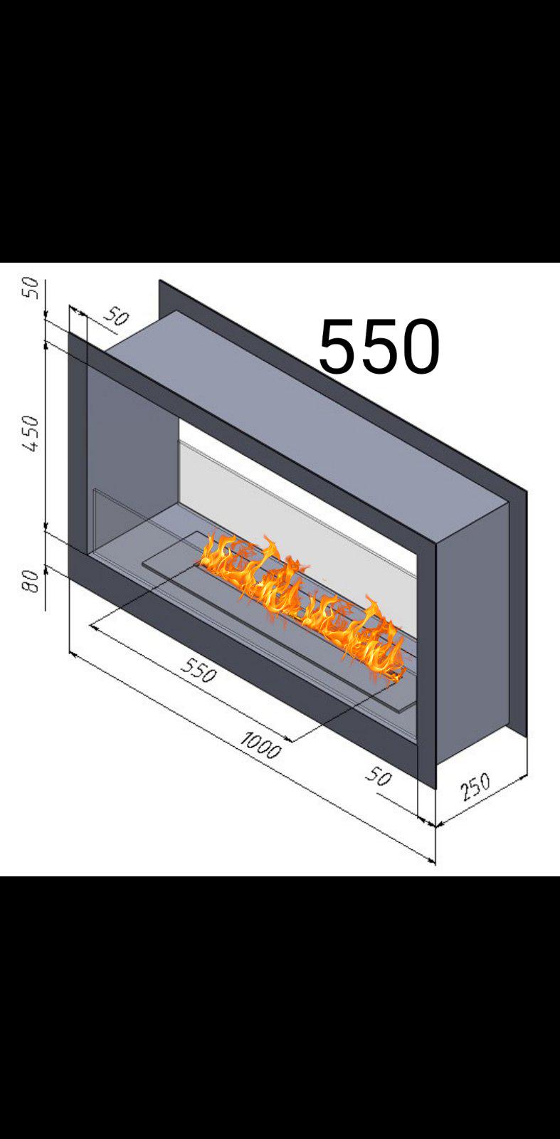 Біокамін вбудований тунельний рамочний 1000 мм з пальником та захисним склом в комплекті лінія вогню 550 мм Чорний (11562218) - фото 2