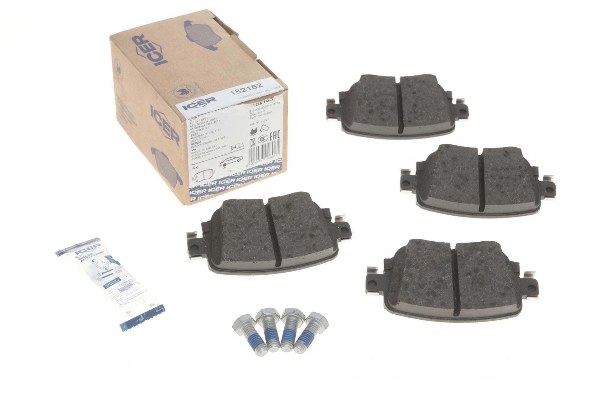 Колодки гальмівні задні ICER Audi Q3/Skoda Octavia/Seat Leon/VW Golf/Sharan 12-/Passat B8/Caddy IV 14- (182152)