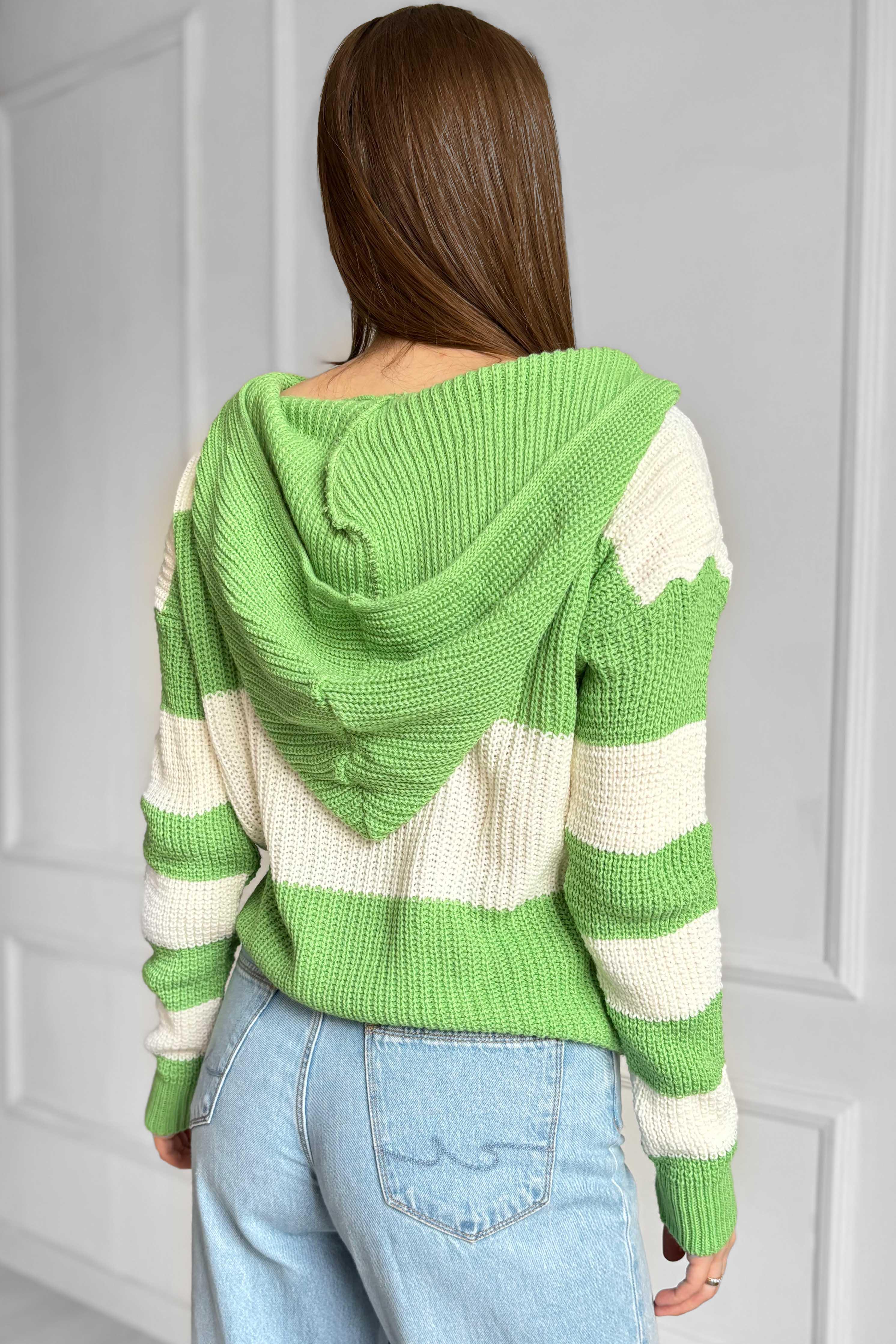 Свитер женский вязаный с капюшоном L Бело-салатовый (184517) - фото 3