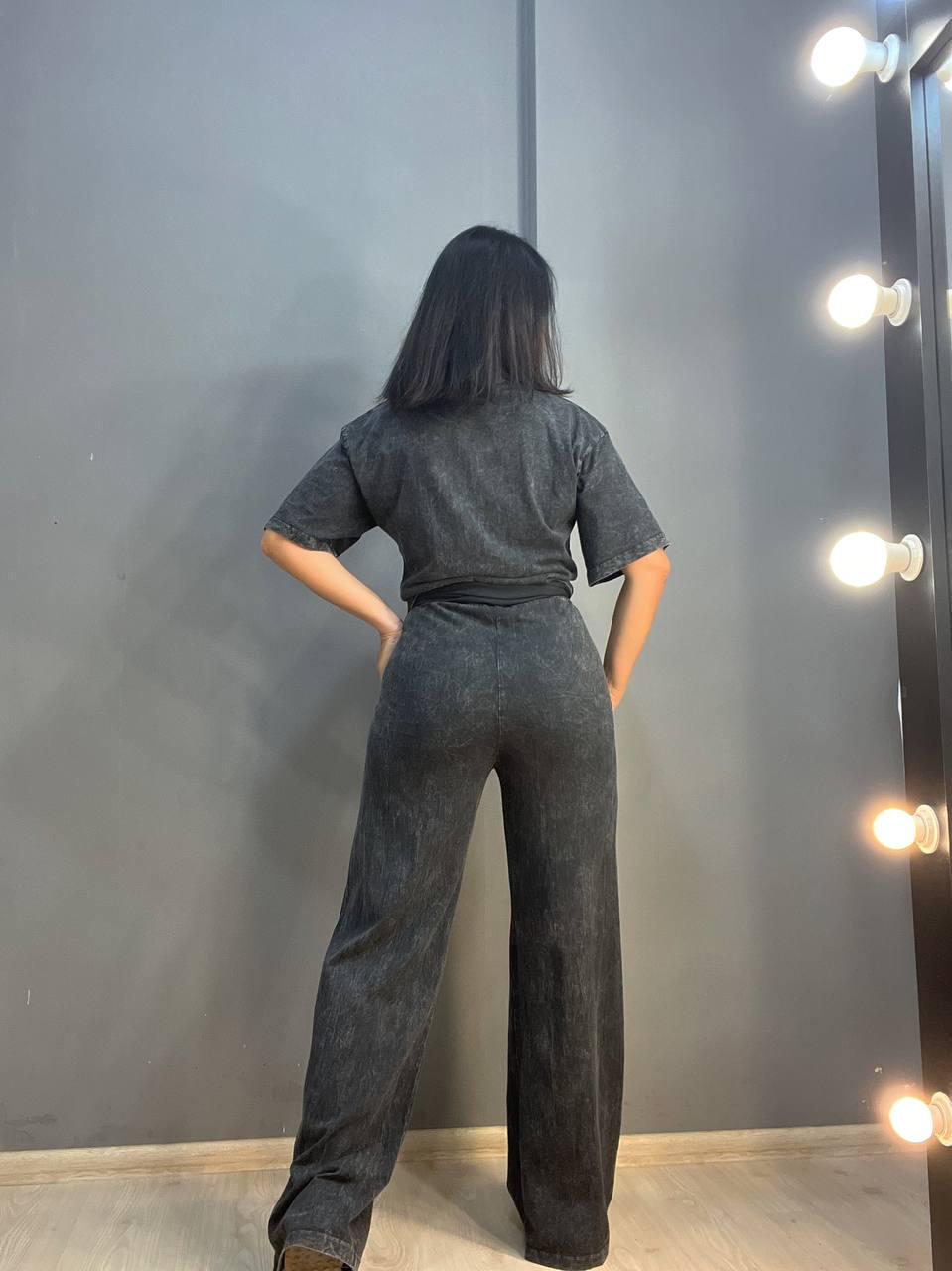 Костюм женский COAST MODA 4232 вареный тай-дай брюки палаццо с футболкой сердце M Графитовый (2470) - фото 4 Костюм женский COAST MODA 4232 вареный тай-дай брюки палаццо с футболкой сердце M Графитовый (2470) - фото 4