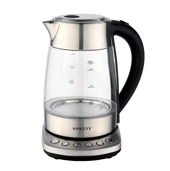 Електрочайник скляний Sokany SK-09003 з підтримкою та регулюванням температури 1,7 л Сталевий