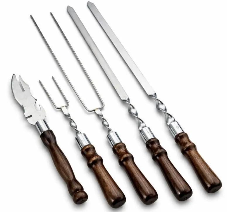 Набір шампурів для люля-кебаб та гриля з дерев'яними ручками ніж/2 вилки/2 шампури (M1003)