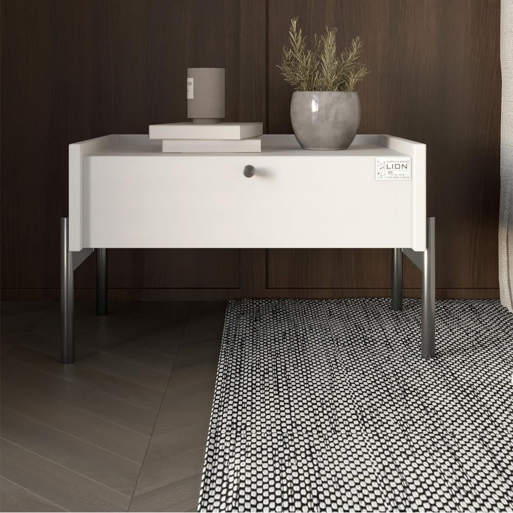 Тумба прикроватная Lion Wood с одним ящиком черные ножки Нимфея Альба белый (Lion-041327)