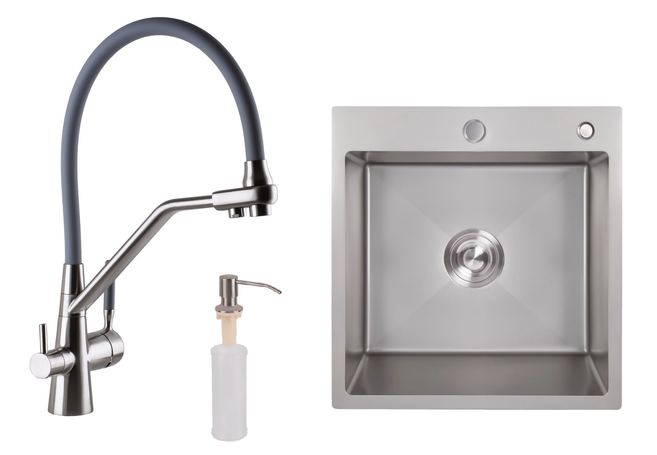 Мийка для кухні з нержавіючої сталі 50/50 Lidz із змішувачем під фільтр/осмос та дозатором Сатин/Сірий Мийка для кухні з нержавіючої сталі 50/50 Lidz із змішувачем під фільтр/осмос та дозатором Сатин/Сірий