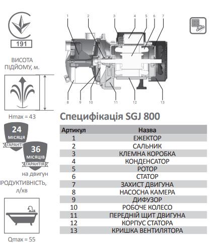 Поверхностный насос с латунным колесом Pumpman SGJ800 Нmax 43 м Qmax 3,3 м3 800 Вт - фото 5