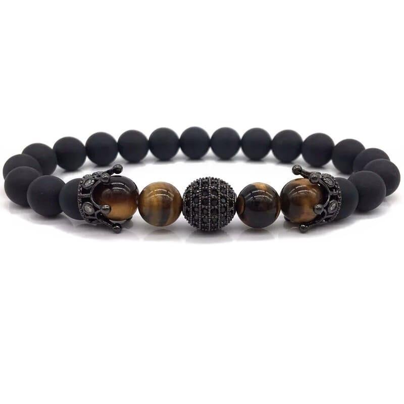 Браслет із шунгіту та тигрового ока з кулею та коронами р. 21 Чорний/Коричневий
 (90006)