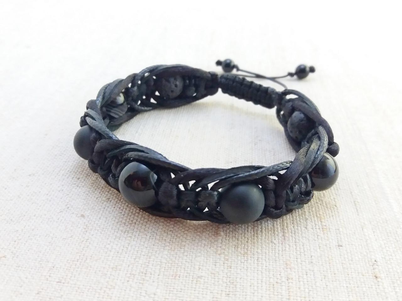 Браслет из Черного агата/Оникса/Скамьи тройное оплетение d 10 мм (1888399840)