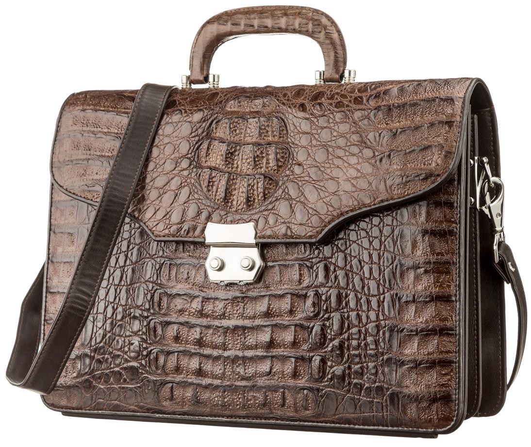 Портфель мужской Crocodile leather 18261 из натуральной кожи крокодила Коричневый