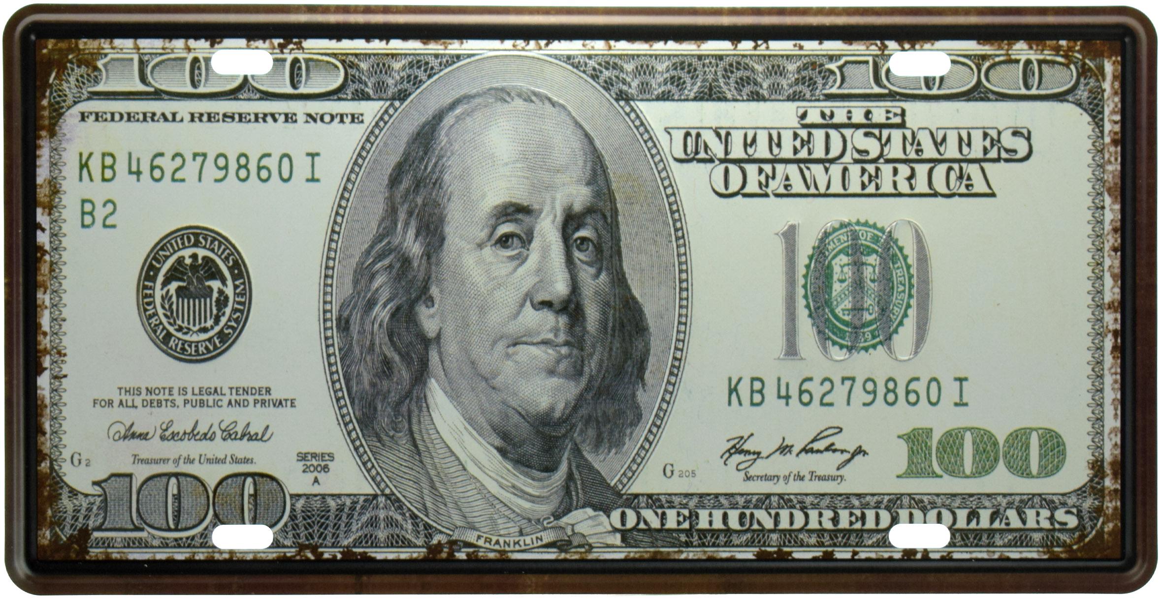 Табличка металлическая Одна Сотня Долларов/One Hundred Dollars 15x30 см