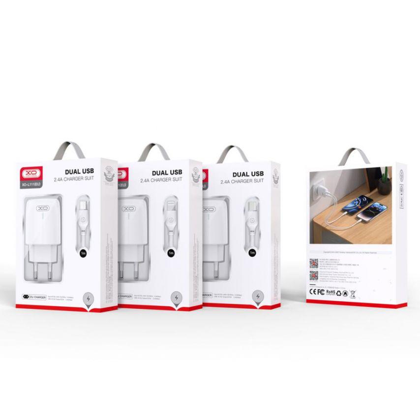 Адаптер Xo 2в1 L111 2USB/2.4A + Data Cable USB to Micro White - фото 5