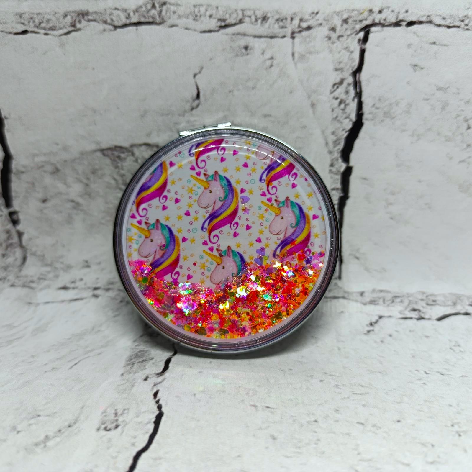 Зеркало карманное косметическое Единорог жидкие блестки 7х7 см (А20-2)