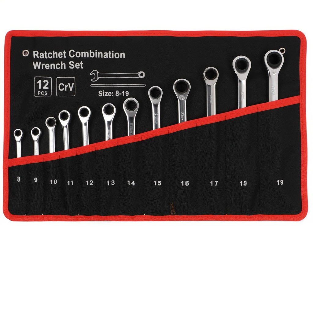 Набор гаечных ключей комбинированные рожково-накидные для ремонта с трещоткой и вращающимся механизмом 180° с чехлом 12 шт. 8-19 мм