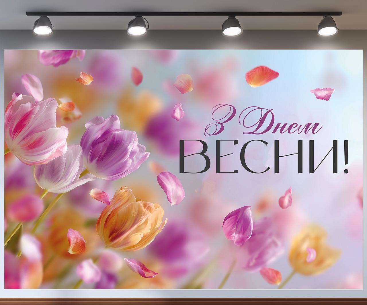 Баннер для фотозоны "З Днем Весни" с фиолетово-оранжевыми тюльпанами и лепестками в воздухе 2,4х1,8 м №47312