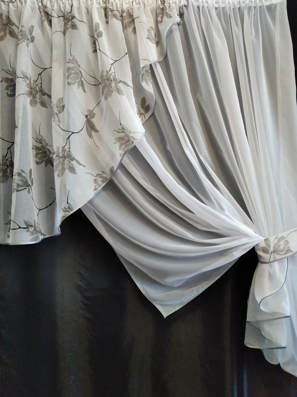 Занавеска кухонная Угол шифон с ламбрекеном батист 300х170 см Белый/Серый (ул-18) - фото 4 Занавеска кухонная Угол шифон с ламбрекеном батист 300х170 см Белый/Серый (ул-18) - фото 4