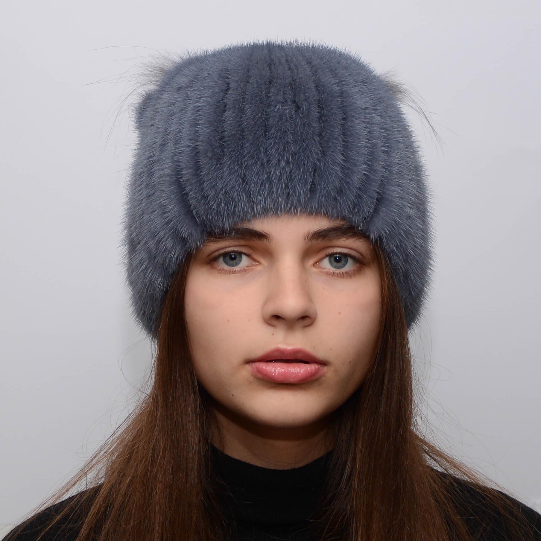 Зимняя шапка из вязаной норки Меховой стиль Веер натуральный мех M-L Синий ирис (105)