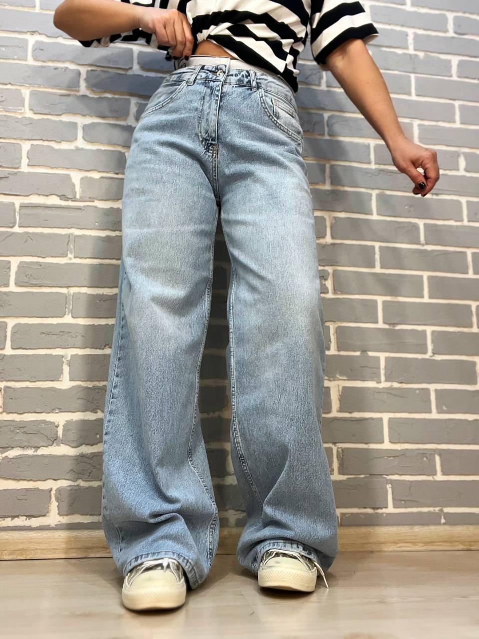 Джинси жіночі I8 51896 BAGGY jeans резинка напис широкі від стегна палаццо р. 28 Блакитний (1773)