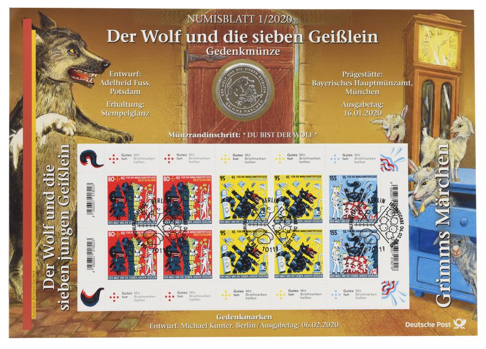 Коллекционная монета Германия 20 евро 2020 Серебро AU-UNC D Сказка Волк и семь козлят (М21729)