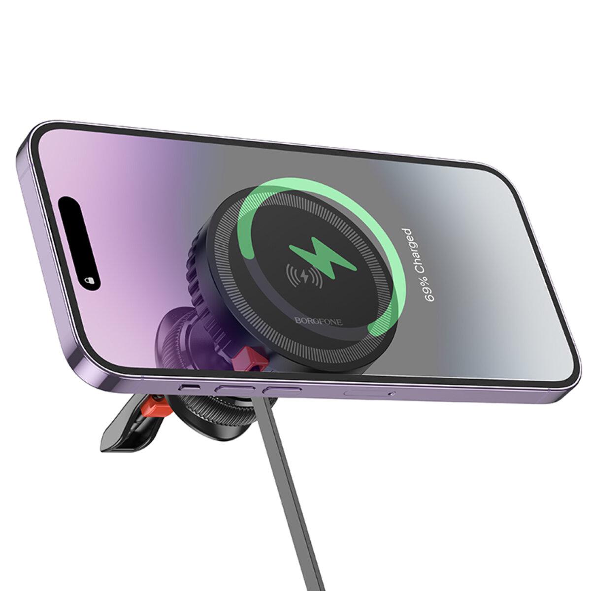 Держатель для телефона в машину Borofone BH207 Mona retractable magnetic wireless fast charging car holder Black (18253675) - фото 6