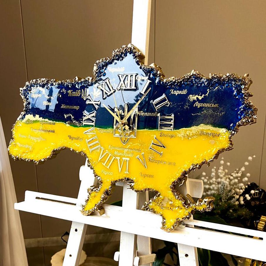 Часы настенные из эпоксидной смолы Карта Украины 60x40 см
