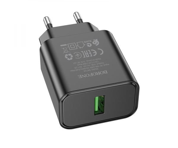 Пристрій зарядний мережевий Borofone BA72A Spring USB QC3.0 18 W без кабелю Black Пристрій зарядний мережевий Borofone BA72A Spring USB QC3.0 18 W без кабелю Black