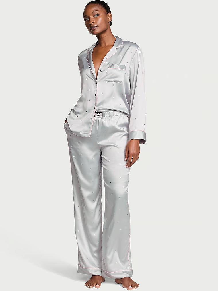 Піжама сорочка/штани сатинова Victoria's Secret Glazed Satin Dew Drop Long Pajama Set S Блакитний (26935467)