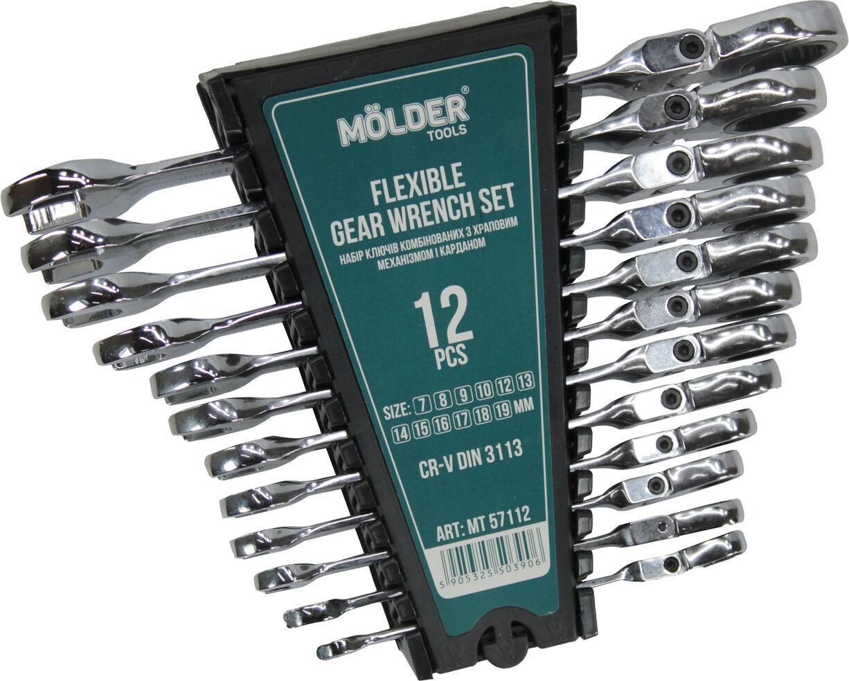Набор ключей рожково-накидных Molder Tools с трещоткой и шарниром 12 шт. 7-19 мм (MT57112)