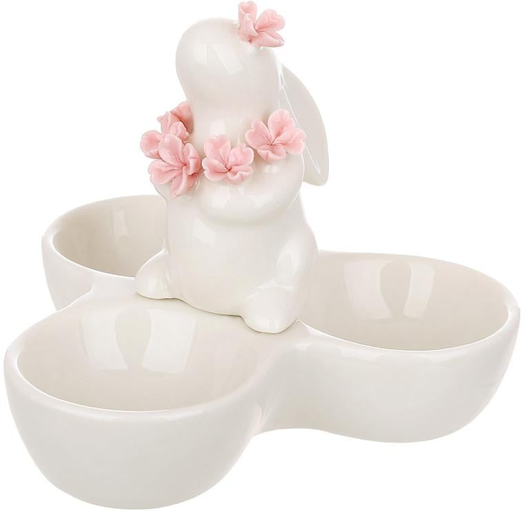 Подставка-блюдо фарфоровое для 3-х яиц Зайчик в цветах 12 см