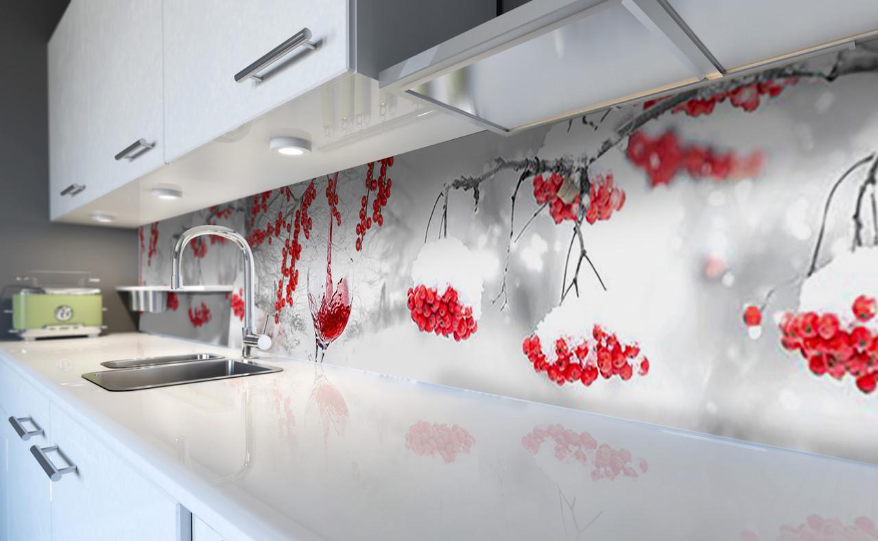 Кухонный фартук Зима вино калина красные ягоды из самоклеящейся виниловой пленки 60х250 см Белый