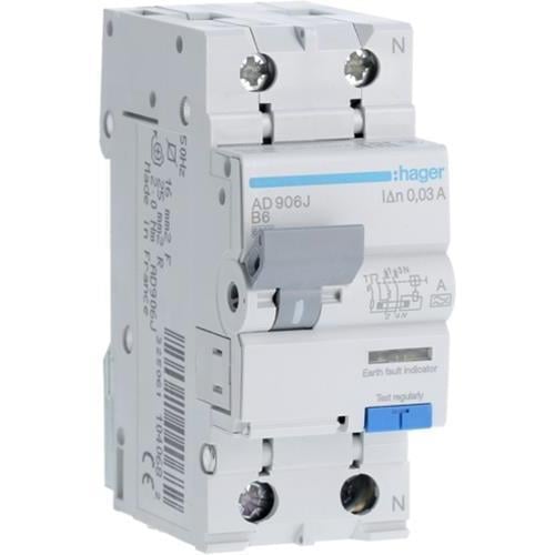 Дифавтомат Hager 6A 30mA 6kA 2 полюса тип B тип A AD906J (00850)
