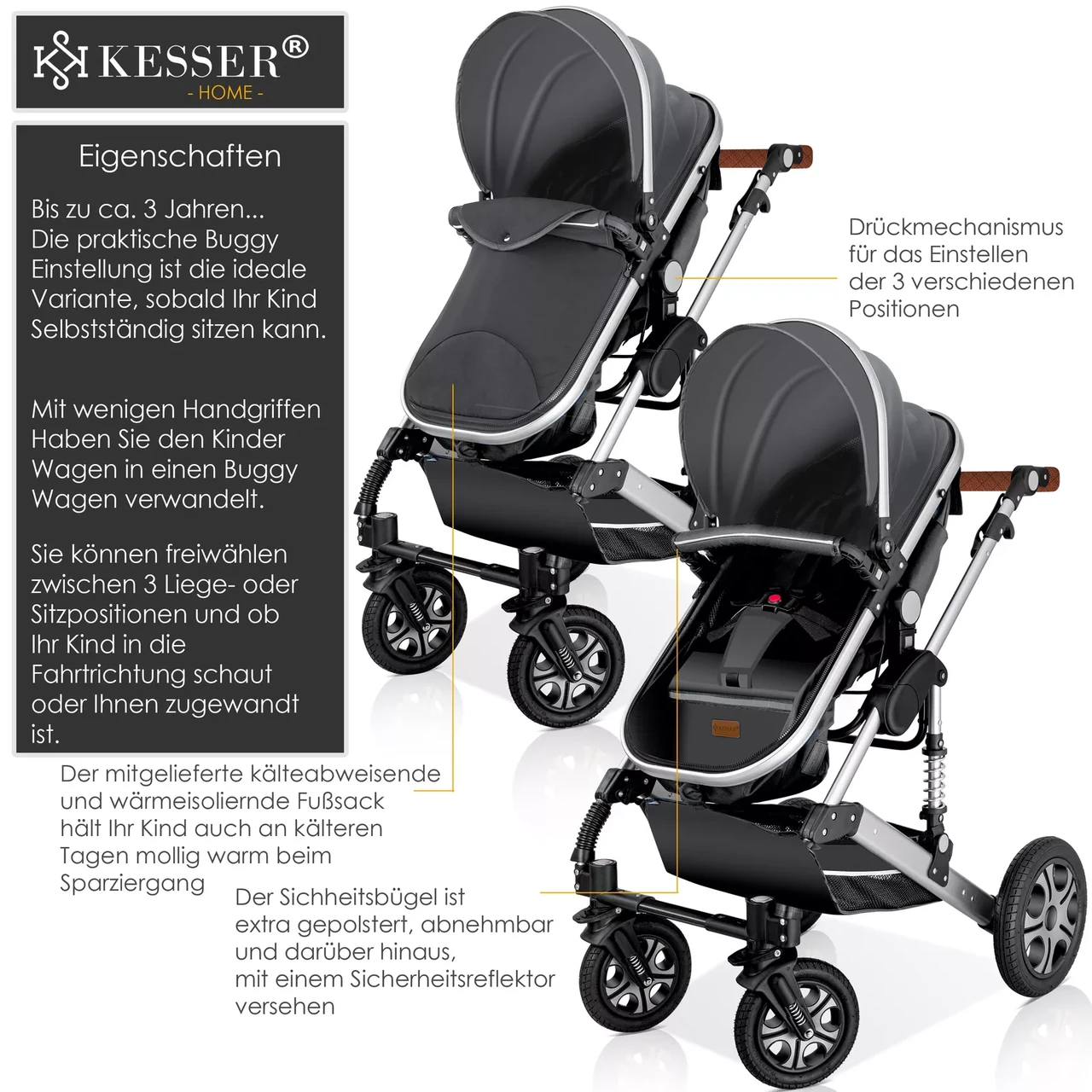 Коляска детская с автокреслом KESSER 3в1 94x64x119 см Серый/Серебряный - фото 4