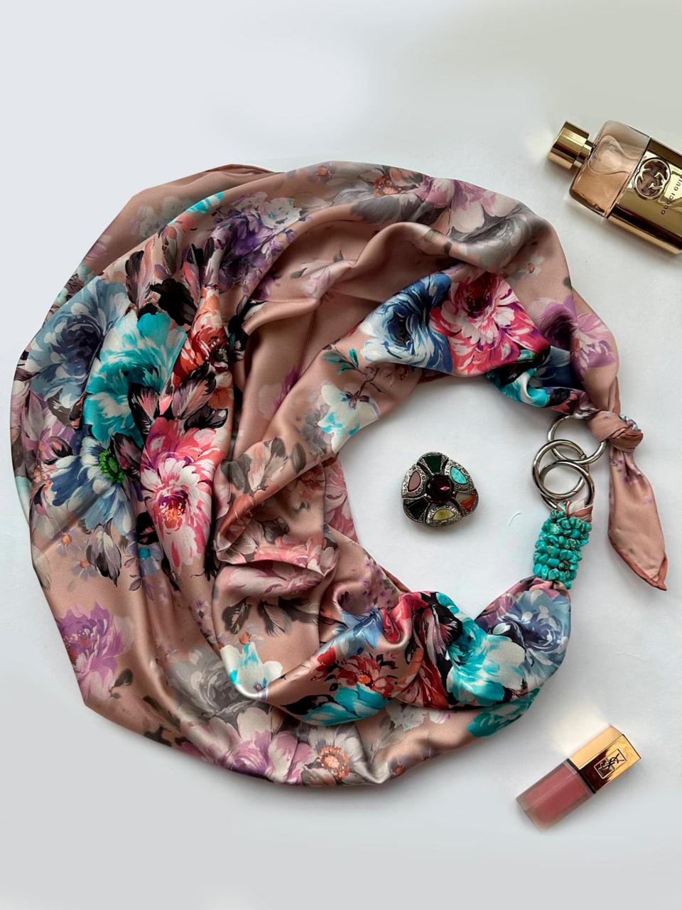 Хустка шовкова My Scarf Рожеве капучино прикрашена натуральним каменем 90x90 см (25763383)