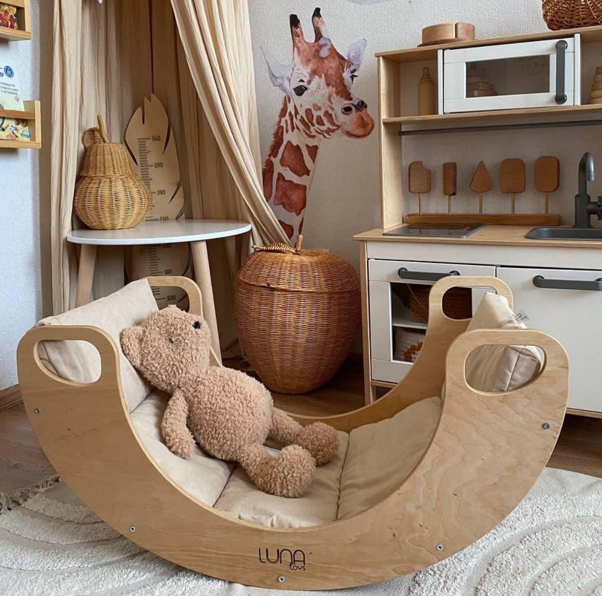 Ліжечко-качалка дитяче Luna Toys Natural Wood з матрасиком