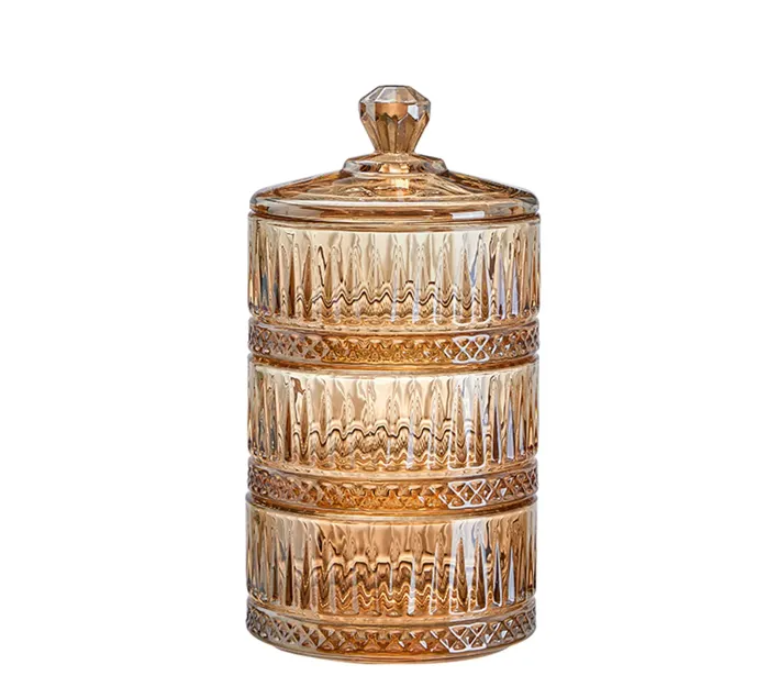 Цукерниця трирівнева скляна з кришкою ребриста Коричневий (HP-YH-73)