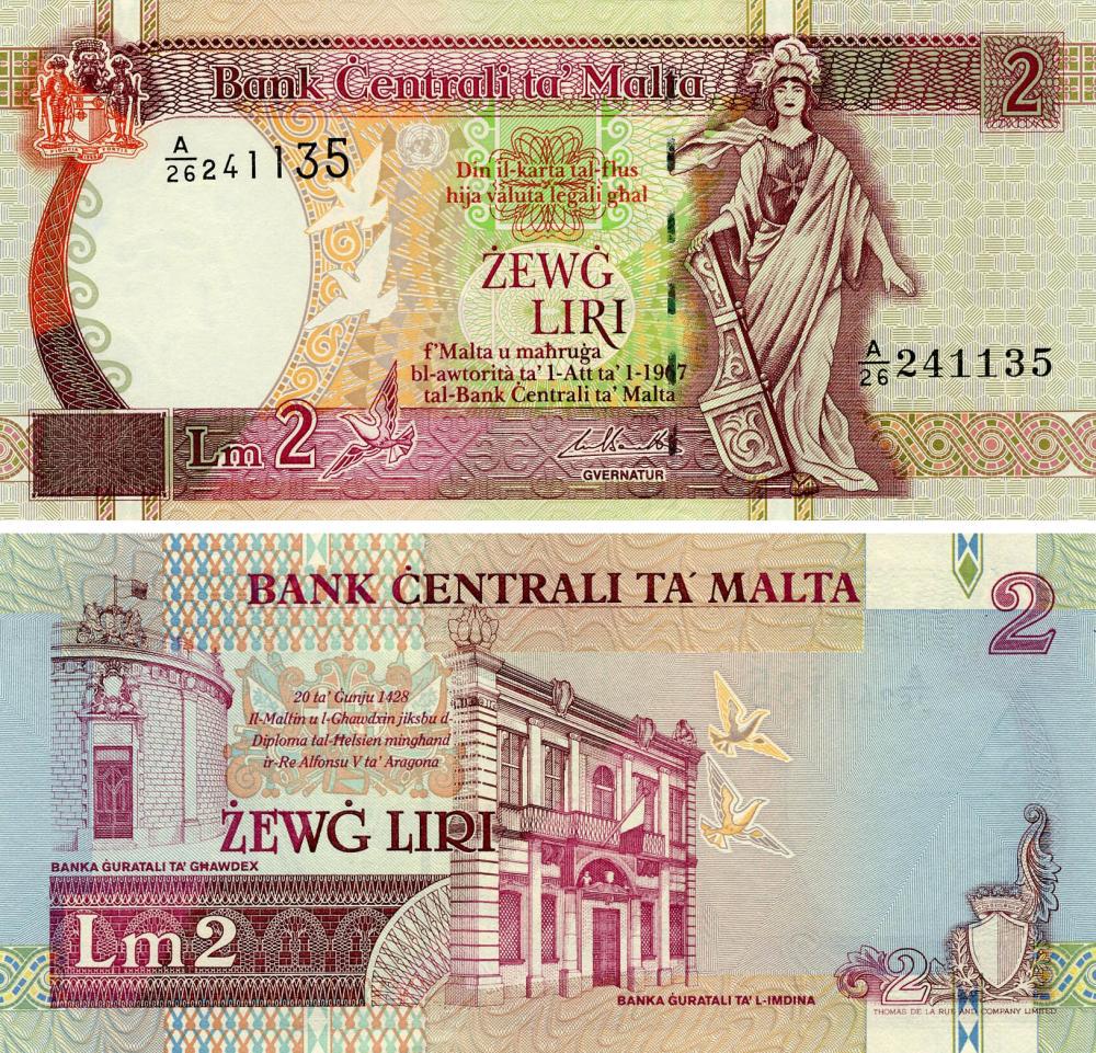 Коллекционная банкнота Мальта 2 лиры 1967 1994 UNC P45d (Б18040)