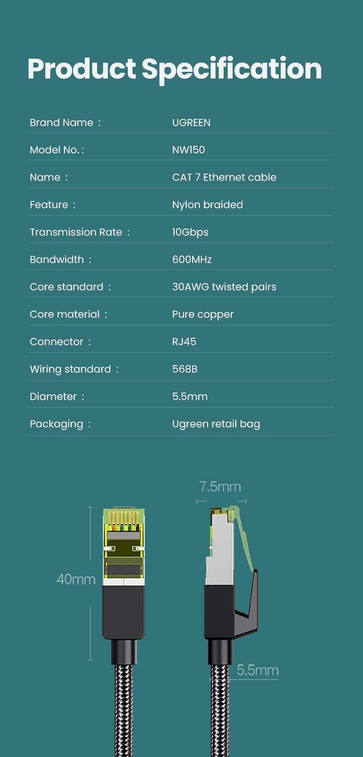 Интернет-кабель UGREEN Cat.7 F/FTP 10 Гбит/с 600 МГц POE Lan RJ45 RJ 45 0,5 м Черный (80420) - фото 8 Интернет-кабель UGREEN Cat.7 F/FTP 10 Гбит/с 600 МГц POE Lan RJ45 RJ 45 0,5 м Черный (80420) - фото 8