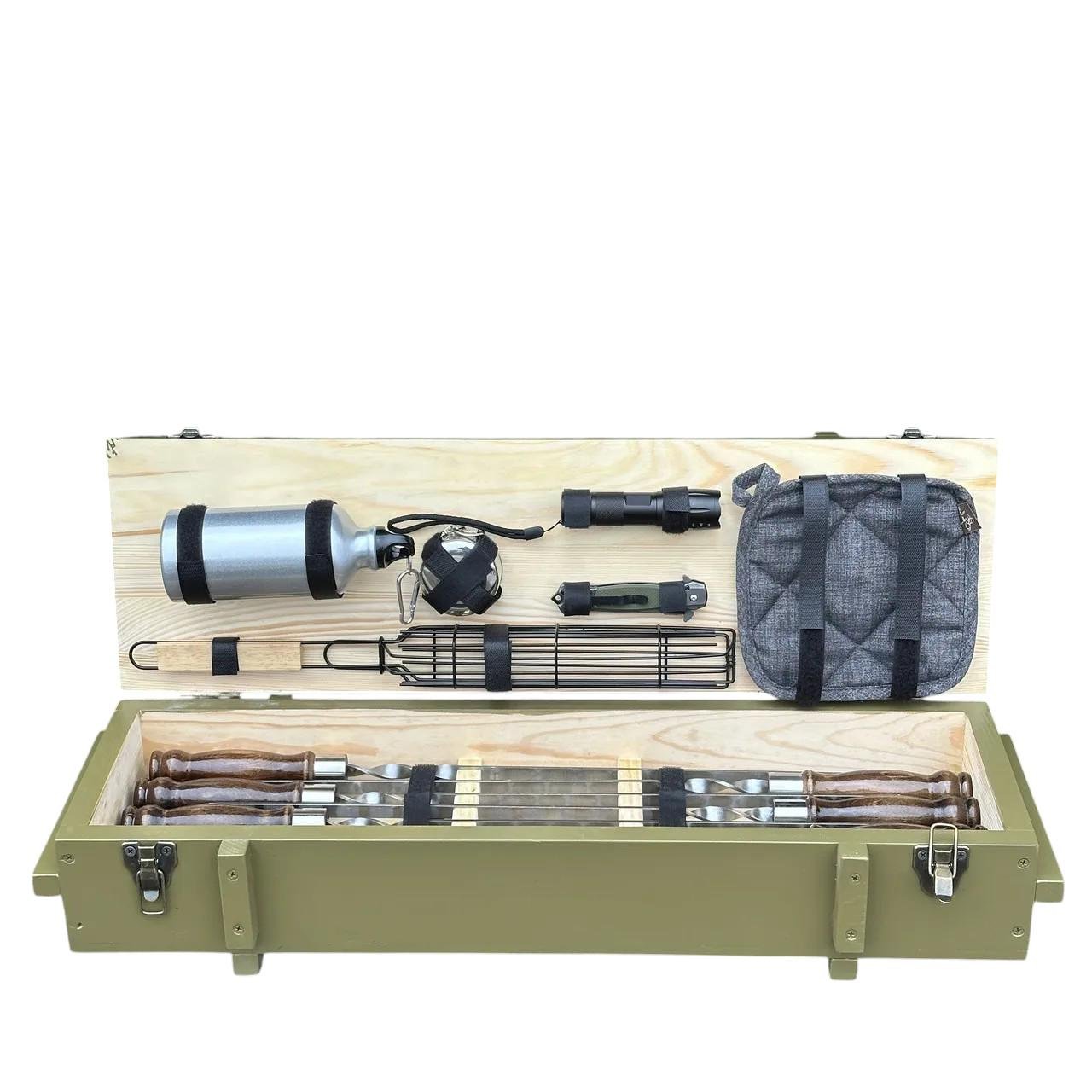 Набор шампуров и аксессуаров Mzavod Штурм из нержавеющей стали в деревянном кейсе 740x250x200 мм 12 пр. Оливковый (136-17-1191910000170)