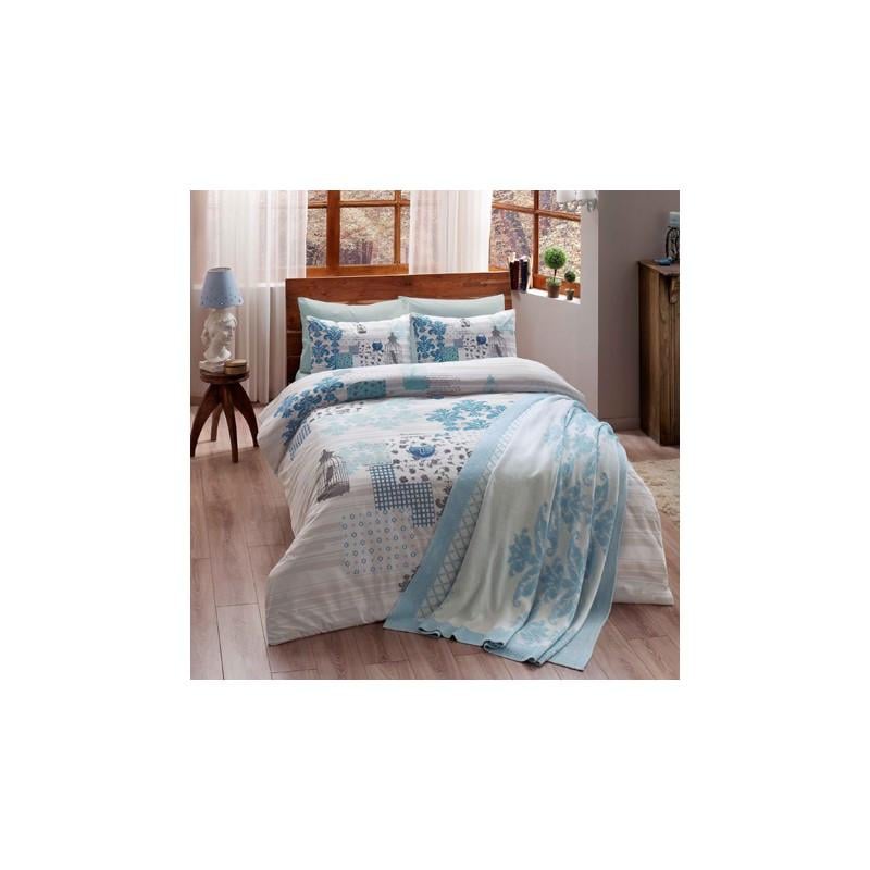 Набор постельного белья TAC ранфорс и плед вязанный Triko Armina mavi V4 евро (2000008484930)