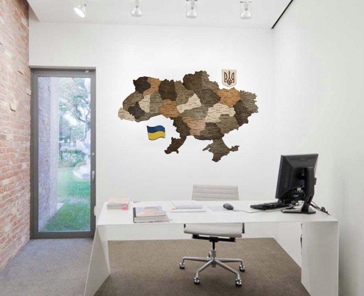 Карта 3D України Primax-art дерев'яна з гербом і прапором 150x100 см
