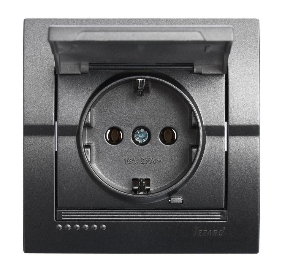 Розетка одинарная с заземлением Lezard Deriy и крышкой Графитовый (00000012350)