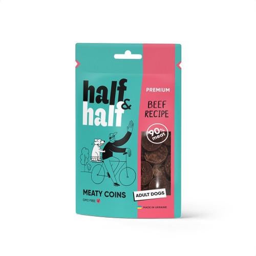 Ласощі для собак Half&Half у формі м'ясних монеток з яловичиною 100 г Ласощі для собак Half&Half у формі м'ясних монеток з яловичиною 100 г
