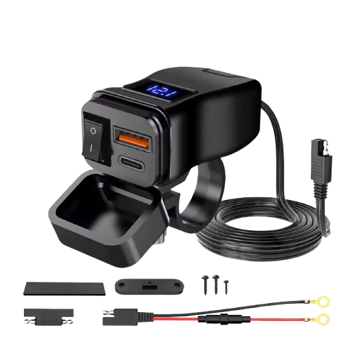 Зарядка на мотоцикл с быстрой зарядкой USB+Type-C+вольтметр 60W (731-724)