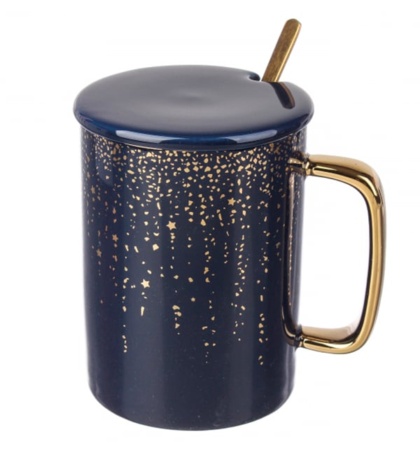 Чашка керамическая Blue&Gold 380 мл с ложечкой и крышечкой
