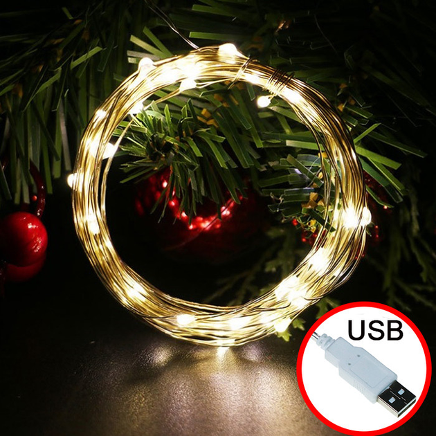Гирлянда нить роса новогодняя светодиодная от USB 100 LED 10 м Белый теплый - фото 2 Гирлянда нить роса новогодняя светодиодная от USB 100 LED 10 м Белый теплый - фото 2