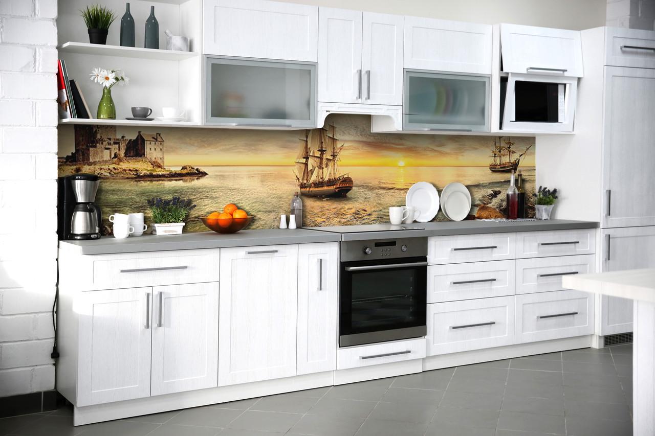 Кухонный фартук Утес корабль из самоклеющейся виниловой пленки 60х250 см Бежевый