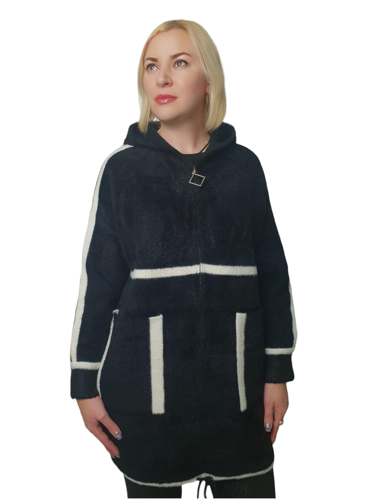 Пальто женское из шерсти альпака с капюшоном р. 56-60 Черный (0727)