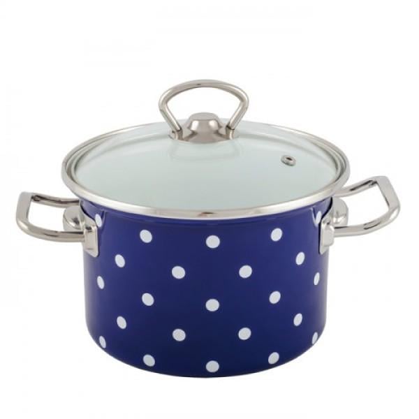 Кастрюля эмалированная Синяя Полька со стеклянной крышкой 5,5 л (17182)