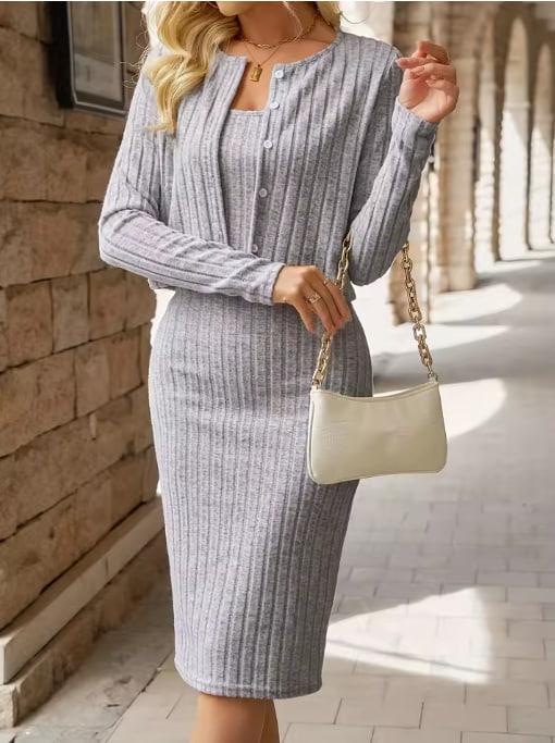 Костюм женский однотонный двойка с длинным рукавом трикотажная майка и платье - фото 2 Костюм женский однотонный двойка с длинным рукавом трикотажная майка и платье - фото 2