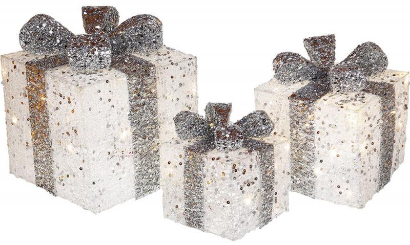 Набор декоративных подарков с LED подсветкой 3 шт. 20/25/30 см Белый с серебряным