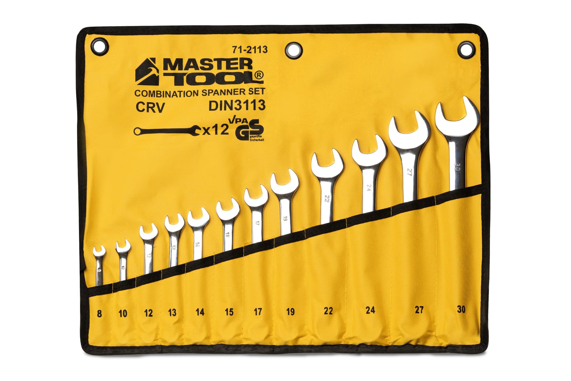 Ключи комбинированные MasterTool SATIN FINISH 12 шт. 8/10/12/13/14/15/17/19/22/24/27/30 мм CrV DIN 3113 в чехле 71-2113